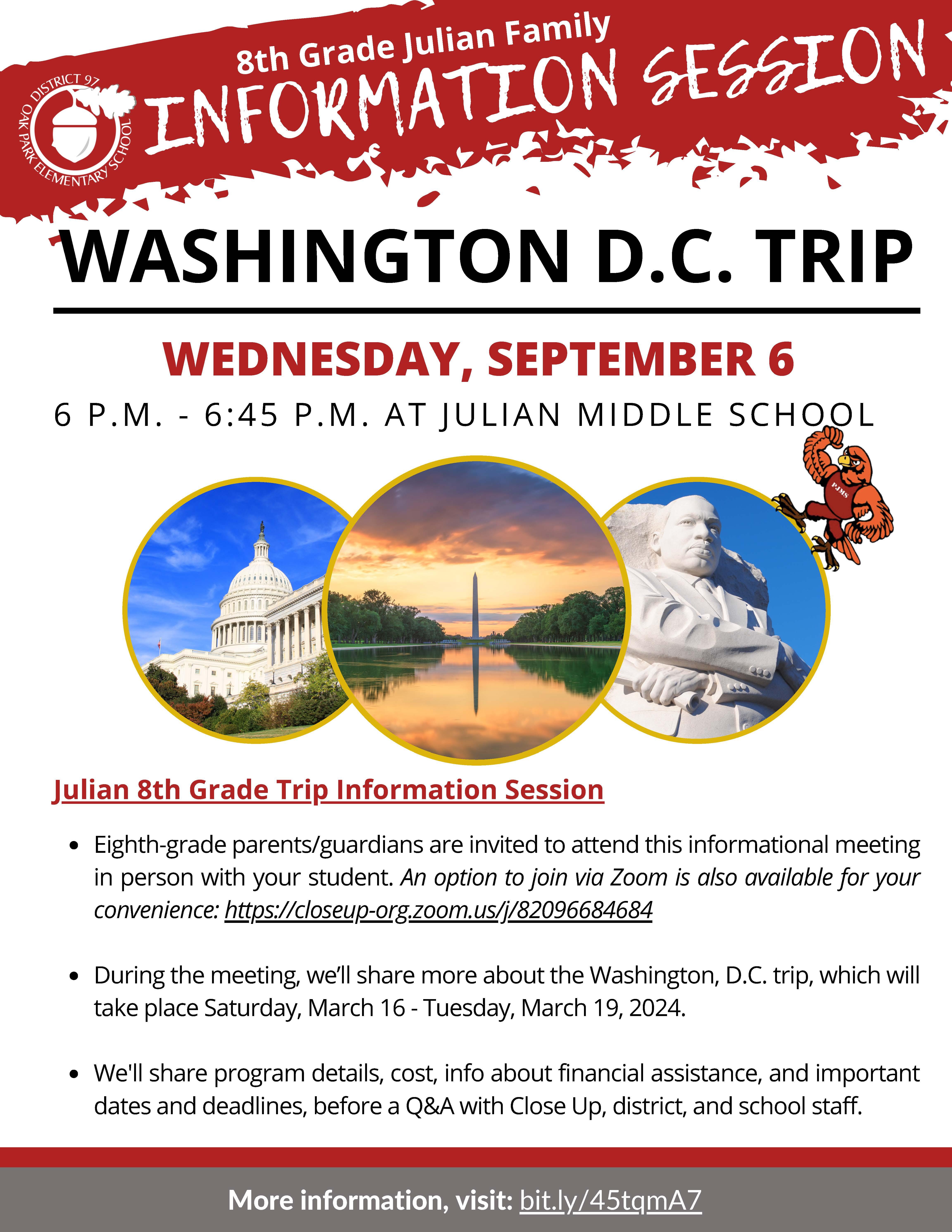 Information flyer for the Washington D.C. Class Trip