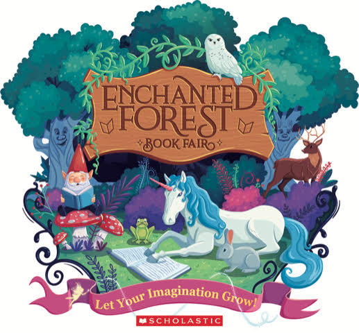 Enchanted Forest Book Fair graphic with a unicorn, forest, and gnome
