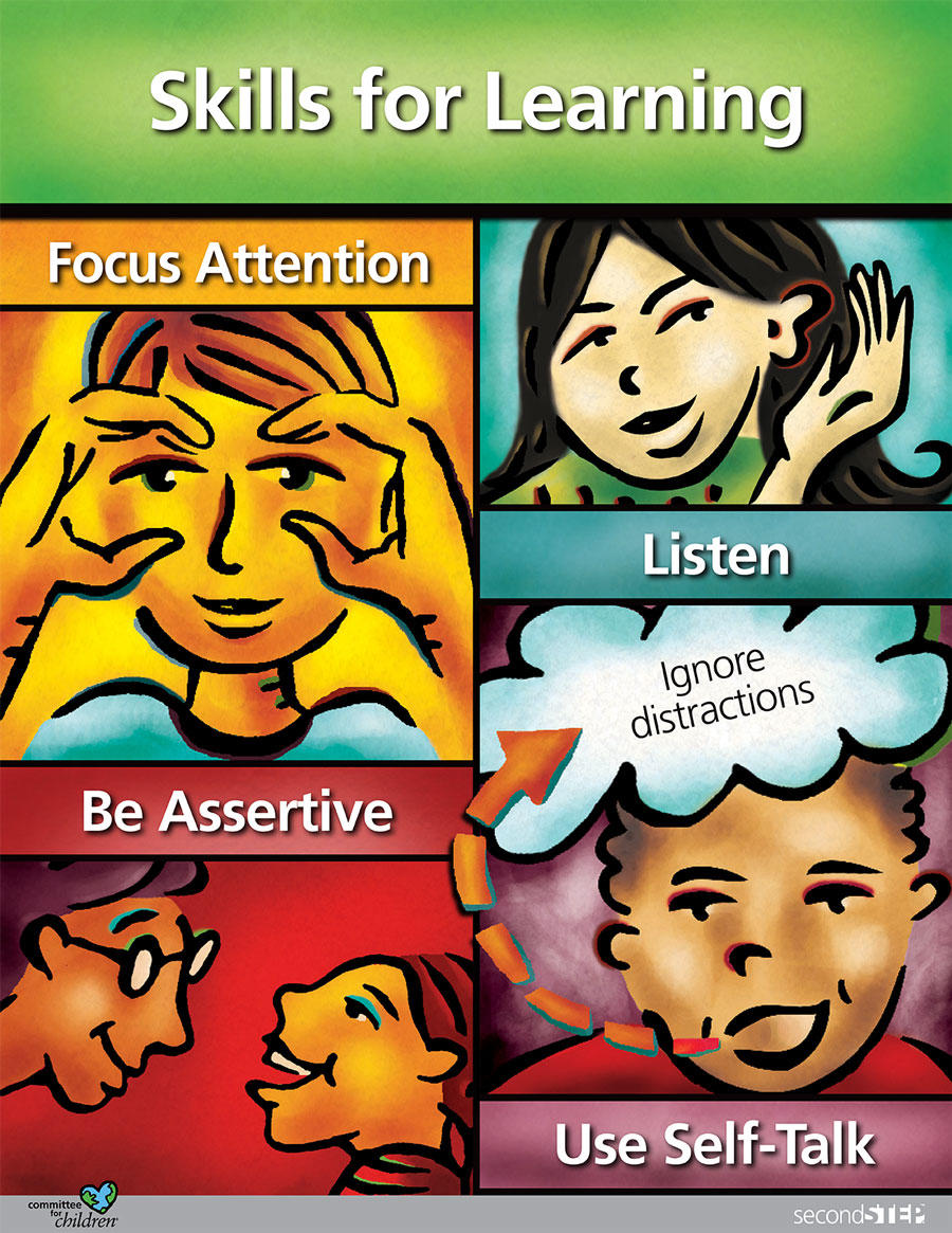 Skills for Learning include focus attention, listen, be assertive, and use self-talk